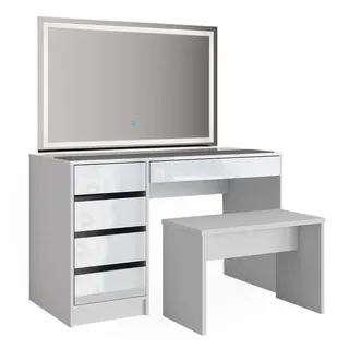 Vicco Schminktisch Sherry Weiß, hochglanz Frisiertisch LED Spiegel 5 Schubladen Kommode Bank