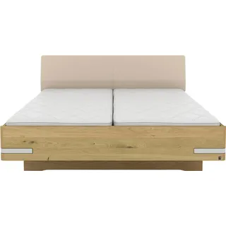 Musterring Holzbett »Savona, Bettgestell, Bettrahmen, teilmassiv Bianco-Eiche« beige (weiß, neutral), B:180cm L:200cm, Betten, Holzbett, Kopfteil Kunstleder Champagner, Details in Chrom, verschiedene Größen,