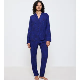 Pyjama TRIUMPH "Boyfriend Fit PW 03", Damen, Gr. 44, blau, Single Jersey, Obermaterial: 100% Viskose, bedruckt, unifarben, bequem lang, V-Ausschnitt, Homewear-Sets Pyjama, bequem und stilvoll