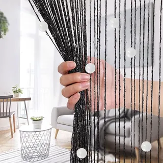 ElevaPulse Fadenvorhang Schwarz Türvorhang Fäden als Raumteiler Fliegenschutz kürzbar waschbar Dekovorhang Fadengardine für Party Hochzeit, Fadenvorhang Tür 100 x 200 cm