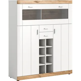 Kommode "Sopela" in weiß mit Eiche Landhaus Highboard mit Flaschenregal, Soft-Close und LED - Weiß, Naturbelassen