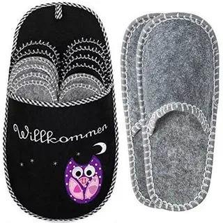 Onvaya ONVAYA® ABS Gästepantoffel | Eule | 6er Set | Antirutsch Sohle | Hausschuhe | Filzpantoffel | 36-45 | verschiedene Farben | - Schwarz
