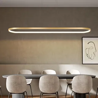 Bellastein Pendelleuchte Oval Esstisch Büro Lampen, LED Hängeleuchte Dimmbar Deckenleuchte mit Fernbedienung, Modern Ring Design Kronleuchter für Esszimmer Küchenlampe Blendfrei (L90cm, Gold)