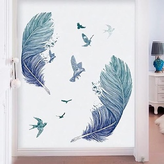 COVPAW® Wandtattoo Wandaufkleber XXL Blau Feder Feather Wandsticker Wandbild Bilder Wohnzimmer Schlafzimmer Deco