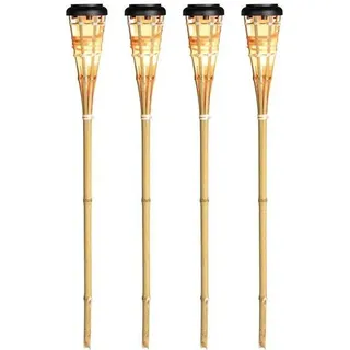 4er Set Solar LED Bambus Gartenfackel | warm-weiß beleuchtet mit Flammeneffekt | ca. 77 cm hoch | 1.500 mAh Akku - Silber