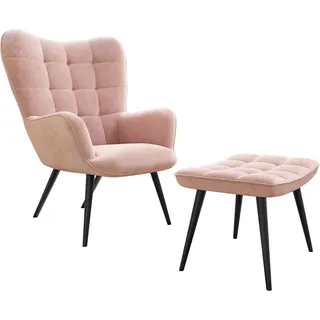 MIRJAN24 Ohrensessel mit Hocker Gunar, Stilvoll Lesesessel, Relaxsessel mit Hocker, Stilvoll Polstersessel Set (Farbe: Rosa HCD-53) - Rosa, Schwarz