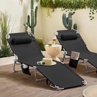 SoBuy 2-er Set Gartenliege luftig klappbar Sonnenliege Liegestuhl für Gärten, Höfe, Strände, Balkone 110 kg Belastung Zwei Stühle Schwarz OGS35-SCHx2 - Schwarz