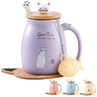 Katzen-Tasse Süße Keramik Kaffeetasse mit deckel,Edelstahl Löffel, Neuheit Morgen Cup Tee Milch Weihnachten Becher Geschenk Teetasse mit Deckel und Sieb Geschenke für Frauen 380ML