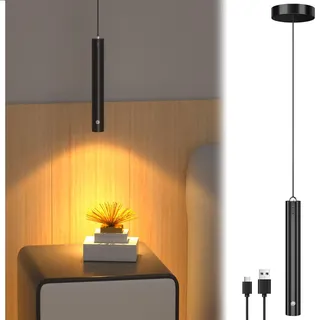 Lustaled Akku Pendelleuchte Schwarz, LED Hängelampe mit Batterie 3000mAh, Touch Dimmbar & Memory, 24° Spot Warmweiß 3000K Hängeleuchte ohne Strom für Esstisch Kücheninsel Schlafzimmer, Ø4x30cm