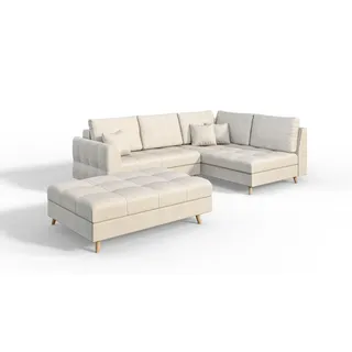 s-style möbel Ecksofa mit Holzfüßen im skandinavischen Stil Marco aus Ecru Luxusmicrofaser, Ottomane rechts - B/T/H:231 cm/161 cm - Beige