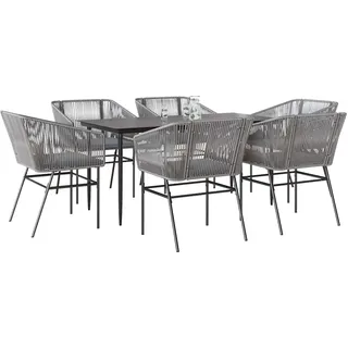 2025 Moderne Gartenmöbel Set Balkonmöbel-Set 7-tlg. Garten-Essgruppe mit Kissen Grau Poly Rattan Glas - Gartenmöbelgarnituren,Design 2450756 4parcel - Grau