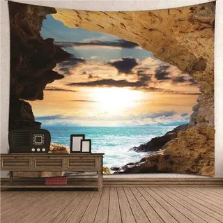 Unyqoos® Wandteppich mit Meer- und Sonnenuntergangsmotiv, 300 x 260 cm, 100% Polyester – große, vielseitige Wanddeko, Vorhang & Picknickdecke