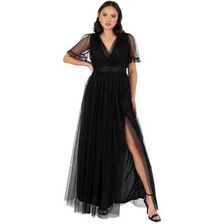 Anaya with Love Damen Ladies Maxi for Women V Neckline Short Sleeve Frilly Long Empire Waist Wedding Guest Bridesmaid Maid of Honour Dress, Schwarz, 38 EU