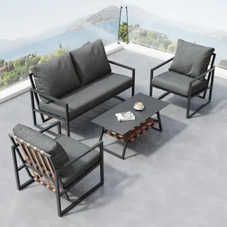 Ball & Cast Gartenmöbel Set für 4 Personen, Balkonmöbel mit 2-Sitzer Sofa, Couchtisch und 2 Sesseln, PVC mit Design, Lounge Möbel Outdoor mit Glastischplatte, Schwarz