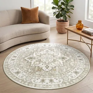 Homaxy Vintage Teppich Wohnzimmer Waschbarer 120 cm Rund, Akzent Beige | Kurzflor Rutschfest Klein Teppiche Boho Weich Carpet für Schlafzimmer, Kinderzimmer, Küche