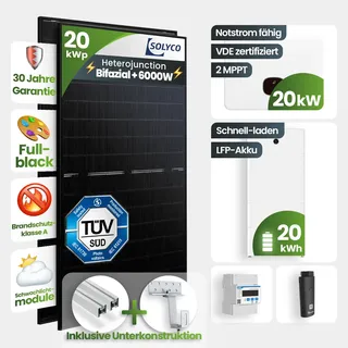 20 kWp Growatt PV-Anlage 40x Solyco 500Wp HJT Bifazial Fullblack mit 20 kWh Spei...