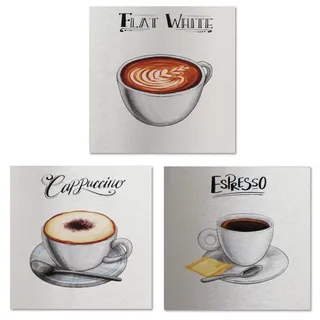 younikat 3er-Set Wandbilder Kaffee-Motive Küche - 20 x 20 cm - Deko Edelstahl Optik gebürstet - Cappuccino Aluverbundschild Bild für Küche Flur Wohnzimmer Geschenkidee zum Einzug - dv1121