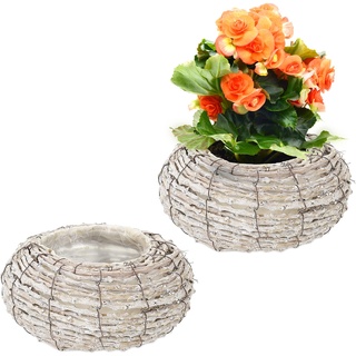 Relaxdays Blumentopf, 2er Set, Rattan, Pflanzentöpfe mit Folie, HxD: 10 x 20 cm, runde Pflanzkörbe für innen, weiß/Natur