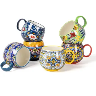 HENXFEN LEAD Cappuccinotassen Set, 600ml Kaffeetassen aus Porzellan mit Henkel, 6er Porzellantassen für Tee Kaffee Milch Cappuccino mit Muster und Bunte Farbig - Bohemian Style