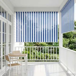 Außenrollo 90% UV-Block Blau-weiß gestreift 180 x 230 cm HDPE - Blau