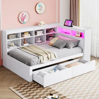 Ball & Cast Schlafsofa (90 * 200cm) Kinderbett mit Vielen Staufächern und Schublade, mit USB-Anschlüssen und Licht Multifunktionales Schlafsofa aus Massivholz, Weiß