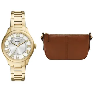 Fossil Damen Gilmore Goldfarbene Edelstahl Uhr und Jolie Tasche Braun, Set