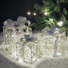 Gresonic 48LED mit 3er Geschenke Leucht Boxen Batteriebetrieben Weihnachts Dekoration Weihnachtsdeko Weihnachten (mit golden Bällchen, 24LED+16LED+8LED)