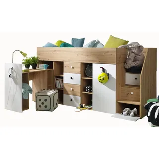 Möbel Kryspol Hochbett 249/123/93 , Eiche Artisan, Weiß, Schwarz , Holz , Nachbildung , 90x200 cm , Babymöbel & Kindermöbel, Kinderzimmer & Jugendzimmer, Kinderbetten, Hochbetten