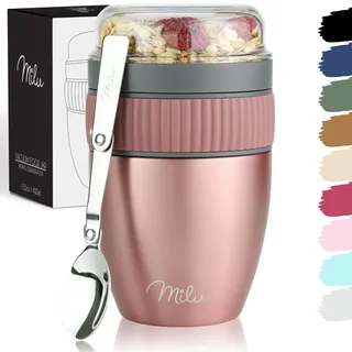 Milu Müslibecher to go 400ml MüsliMax I isolierter Edelstahl Joghurtbecher für Müsli I auslaufsicherer Becher mit Löffel für Yoghurt/Porridge (Rose Gold)