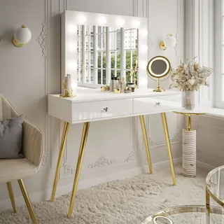 Schminktisch SIENNA GOLD mit Schubladen auf goldenen Beinen Gold Chrom / Weiß Hochglanz Griff: Weißes Kristall - Weiß