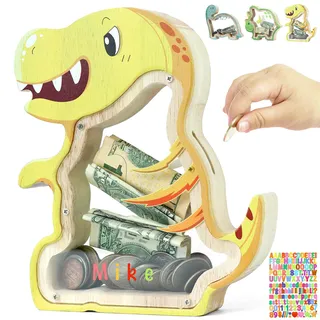 DBPBToU Spardose Kinder aus Holz Spardose Dino, Sparschwein Durchsichtig für Kinder, Sparbox Personalisierte (Tyrannosaurus Rex und Aufkleber)