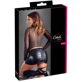 Cotelli Collection Minirock - figurbetonter Wetlook-Minirock für Damen, kurzer Rock mit eleganter Raffung am Po, verführerische Reizwäsche, sexy Dessous, schwarz