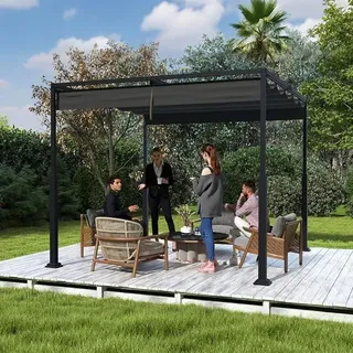 Metall Pergola wasserdicht stabil Winterfest,3x3 m Pavillon mit lamellendach,Sonnenschutz überdachung freistehend mit Schiebedach für Gärten und Terrassen,Schwarz - Schwarz