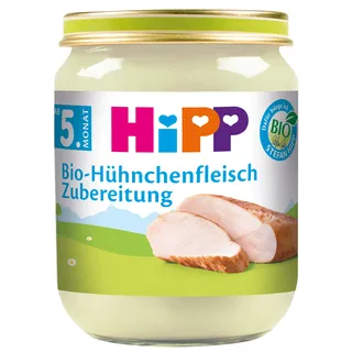 HiPP Bio-Hühnchenfleisch Zubereitung (6 x 125g), Babygläschen ab 5. Monat, ohne Zusatz von Salz, mit wertvollem Rapsöl, glutenfrei