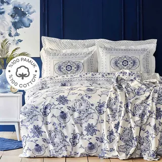 karaca home Amar Blue Bettbezug-Set für Doppelbetten aus 100% Baumwolle, Bettbezug 200 cm x 220 cm, Kissenbezug 50 cm x 70 cm, Blatt 240 cm x 260 cm, Oberbett für Winter, Flexible, Stilvollen Mustern