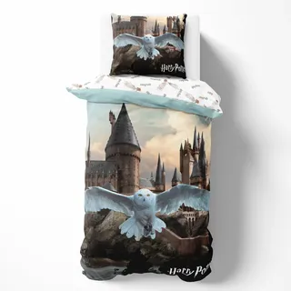 Harry Potter Bettwäsche 135x200 Baumwolle für Mädchen und Jungen, Hogwarts Kinderbettwäsche, 1x Kissenbezug 80x80 + Bettbezug 135x200, Eule Hedwig Geschenk