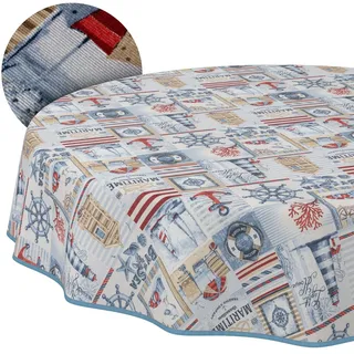 Tischdecke abwaschbar Tischtuch Lotuseffekt pflegeleicht aus Baumwolle Polyester schmutzabweisend Outdoor Gartentischdecke Maritim Rund 140cm mit Paspelband