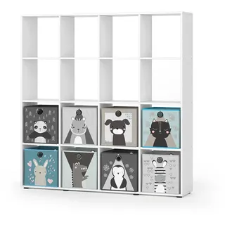 Vicco Kinderregal Karree Weiß 138.5 x 142.5 cm mit 8 Faltboxen , Holzwerkstoff , 16 Fächer , Rechteckig , 138.5x142.5x29 cm , Babymöbel & Kindermöbel, Babyzimmer, Babyregale & Kinderregale