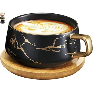 VETIN Cappuccino Tassen mit Unterteller, Tasse Marmor, 300 ml Espressotassen aus Porzellan für Tee Kaffee Cappuccino, Kaffee-Tassen mit Holzscheibe (Schwarz)