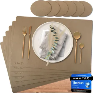 Mahewa® 6er Set Premium Tischset aus Kunstleder - Platzset abwaschbar und wasserdicht - Platzdeckchen Telleruntersetzer in Lederoptik (Gold/Sand, Eckig)