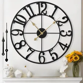 Moderne Wanduhr 60cm Ø ohne Ticken - Wanduhr für Wohnzimmer - Landhausstil - Schwarz
