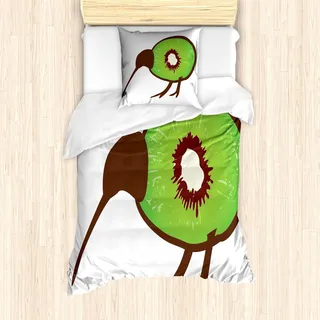 ABAKUHAUS Kiwi Bettbezug Set, Abstrakt gleichnamigen Kleiner Vogel Silhouette und Frucht-Scheibe, 135 x 200 cm + 80 x 80 cm, Dunkel Rosewood Lindgrün