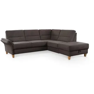 CAVADORE Schlafsofa Wyk mit Federkern / Eckcouch im Landhaus-Stil mit Ottomane, Bett, Stauraum + Armteilfunktion / 238 x 90 x 213 / Jacquard, Braun