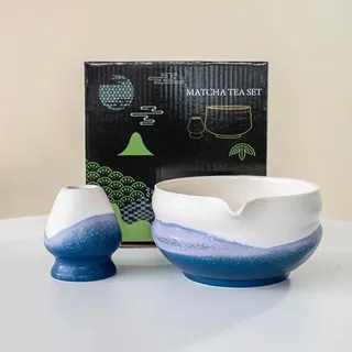 YlobdolY Matcha-Schneebesenhalter und Schüssel aus Keramik, Set mit schwarzer Geschenkbox, traditionell handgefertigt, Rillen, gestreift, Ofenwechsel, glasiertes Porzellan, japanisches