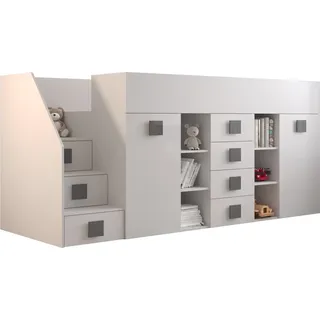 Etagenbett für Kinder Toledo 3 Stockbett mit Treppe, Schreibtisch, Bettkasten (Weiß/Weiß Glanz + graue Griffe, Seite: Links)