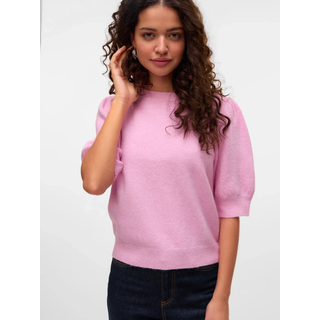 Rundhalspullover VERO MODA "VMDOFFY 2/4 O-NECK PULLOVER GA NOOS", Damen, Gr. XS, bonbon detail:melange, Strick, Obermaterial: 94% Polyester, 3% Elasthan, 3% Nylon, meliert, regular fit normal, Rundhals, Puffärmel Strickbündchen, Pullover Rundhalspullover, mit kurzen Puffärmeln