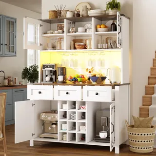 MODFU Küchenhochschrank mit Appsteuerbare LED Beleuchtung,Sideboard mit USB Steckdosenleiste ,Buffetschrank mit Glasfront Und Weinglashalter,MDF Und Glas,Weiß ,120 x 40 x 170 cm - Weiß