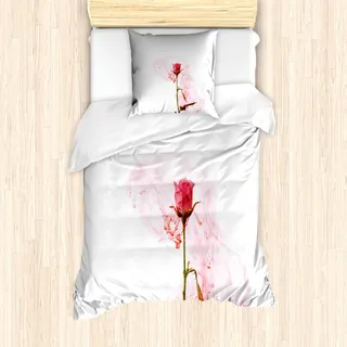 ABAKUHAUS Blumen Bettbezug Set für Einzelbetten, Romantischer Lieber Rosen-Entwurf, Milbensicher Allergiker geeignet mit Kissenbezug, 135 cm x 200 cm - 80 x 80 cm, Dunkle Coral Rose