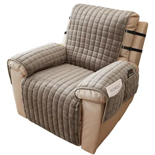 Alishomtll Sesselschoner für Relaxsessel Relaxsofa 1 Sitzer Sesselschoner mit Armlehne für Fernsehsessel Anti-Rutsch Kratzfest Sesselüberwurf mit 4 Taschen und 2 Verstellbaren Riemen, 53x190cm Khaki