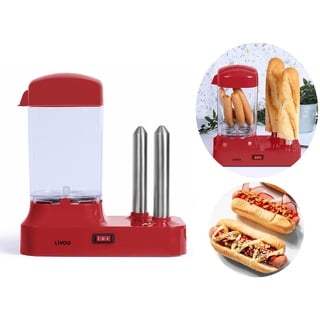 Hot Dog Maker mit Brötchenwärmer - Hot-Dog Maschine für 6 Würstchen - Hotdog Maker Set Abnehmbarer Wärmebehälter - Würstchenwärmer Elektrisch mit Edelstahlspieße zur Brötchen Erwärmung